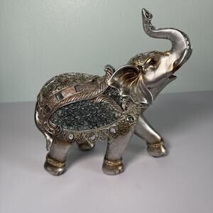 Trunk Up Lucky Gold & Silver Rhinestones Elephant Figurine 7x8x4"